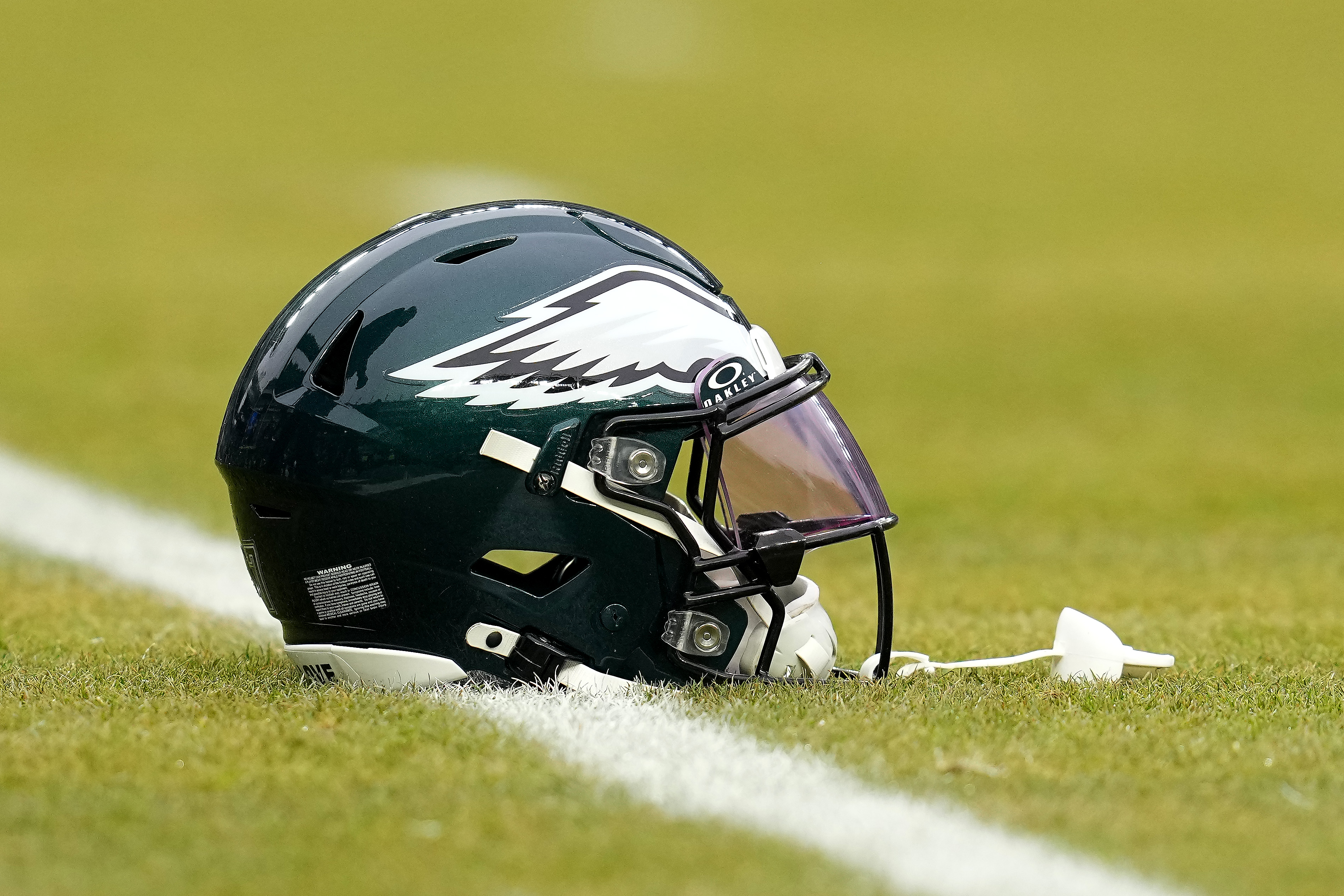 PHILADELPHIA, PENNSYLVANIA – JANUARY 19: A detailed view of a Philadelphia Eagles helmet before the game against the Los Angeles Rams during the NFC Divisional Playoff at Lincoln Financial Field on January 19, 2025 in Philadelphia, Pennsylvania. (Photo by Mitchell Leff/Getty Images)